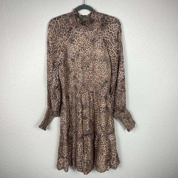ML Monique Lhuillier Leopard Animal Print Crepe de Chine Mini Dress Long Sleeve - Picture 4 of 15